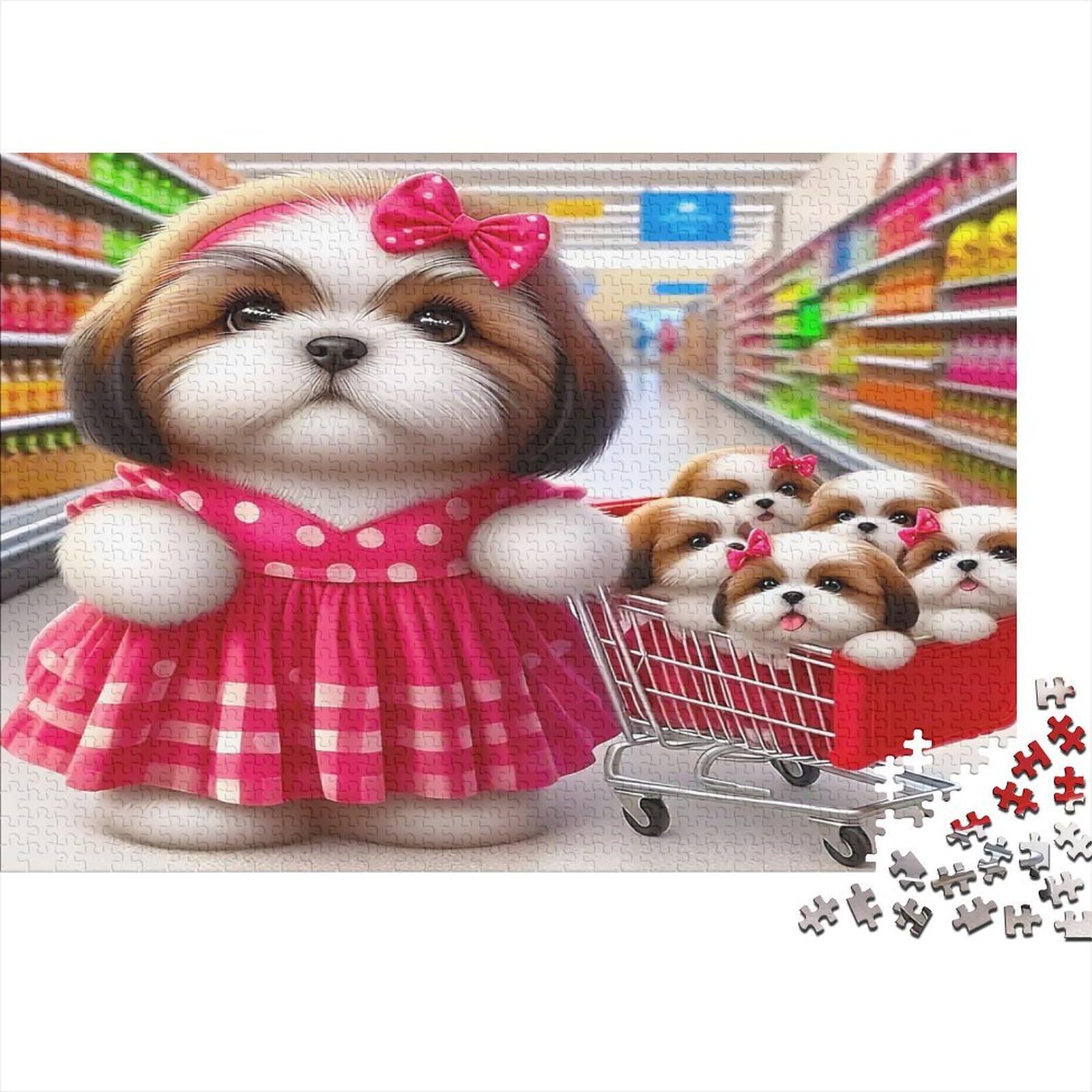 Shih Tzu Mom Jigsaw Puzzle Supermarket Puppy Puzzle 1000Pc Recycled Paper for Adults Educational Challenge Home Activity for Men Women 70x50cm/1000pcs