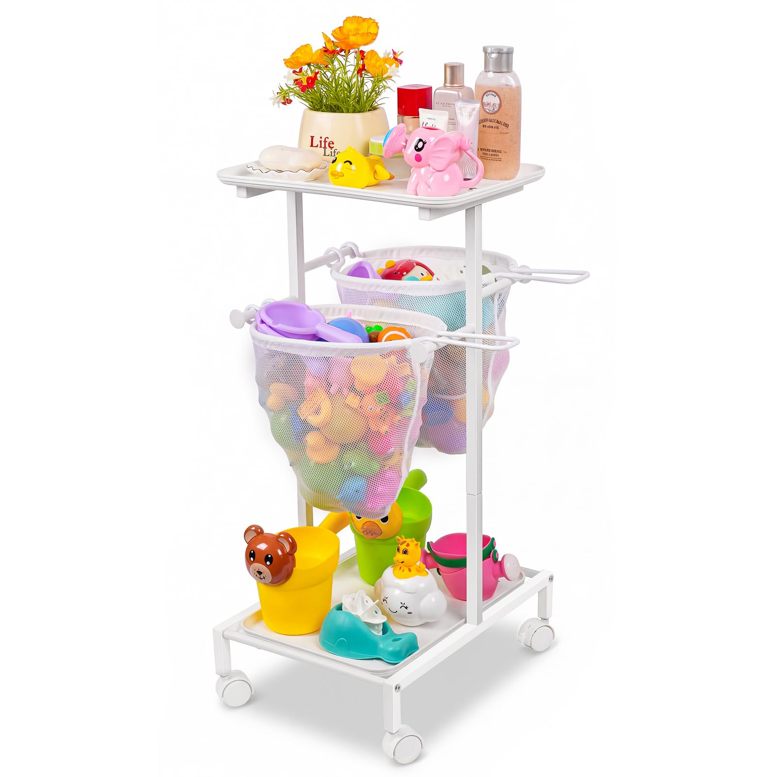 Organizador Juguetes de Baño - Carrito para Juguetes de Bañera con Ruedas | Carrito de almacenamiento para juguetes de baño de bebé, con 2 redes de secado rápido y estantes de ducha portátiles.