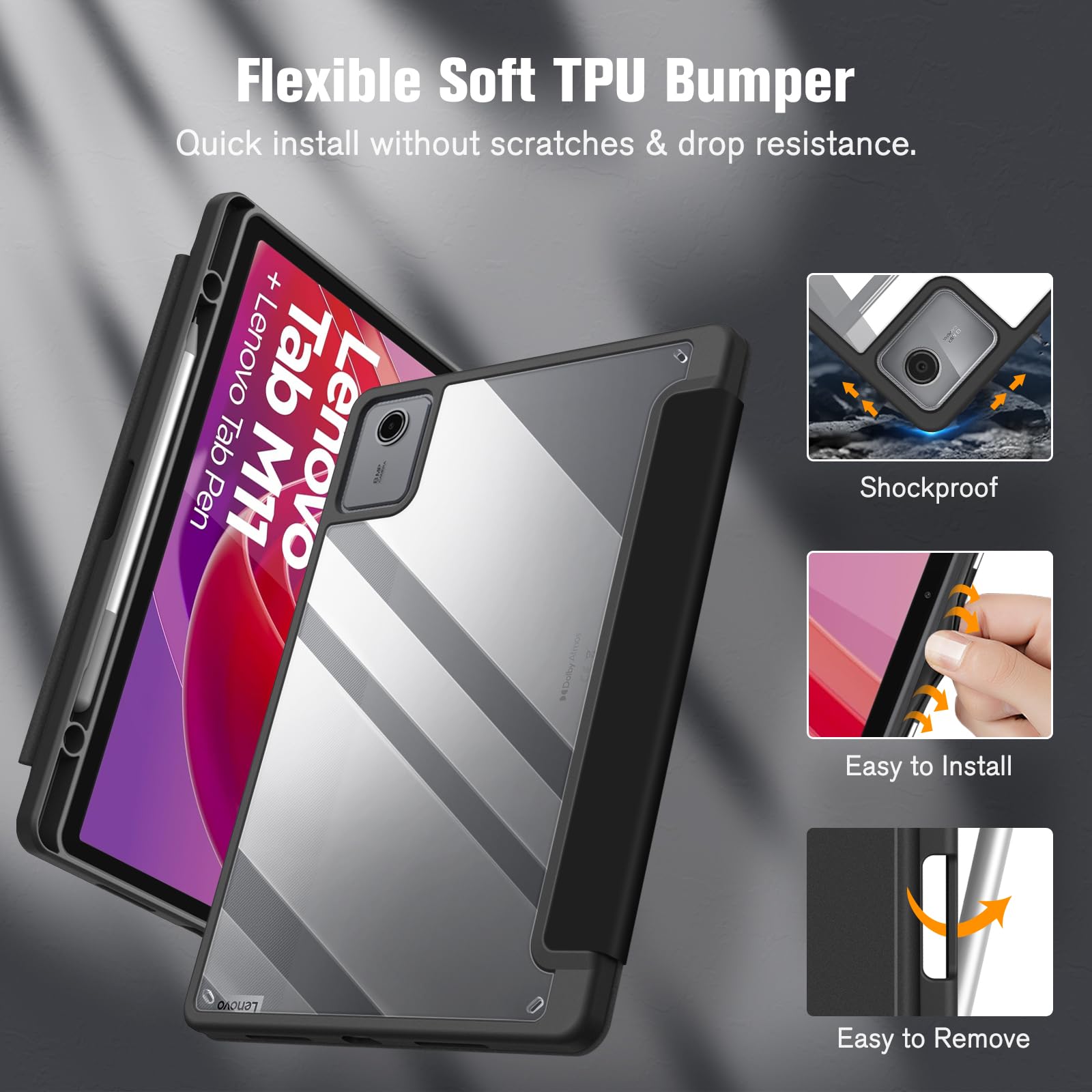 FINTIE Etui kompatybilne z Lenovo Tab M11 (TB330) 11-calowy tablet 2024 - [z uchwytem na długopisy] cienka, lekka, przezroczysta tylna obudowa z miękkiego TPU, czarne
