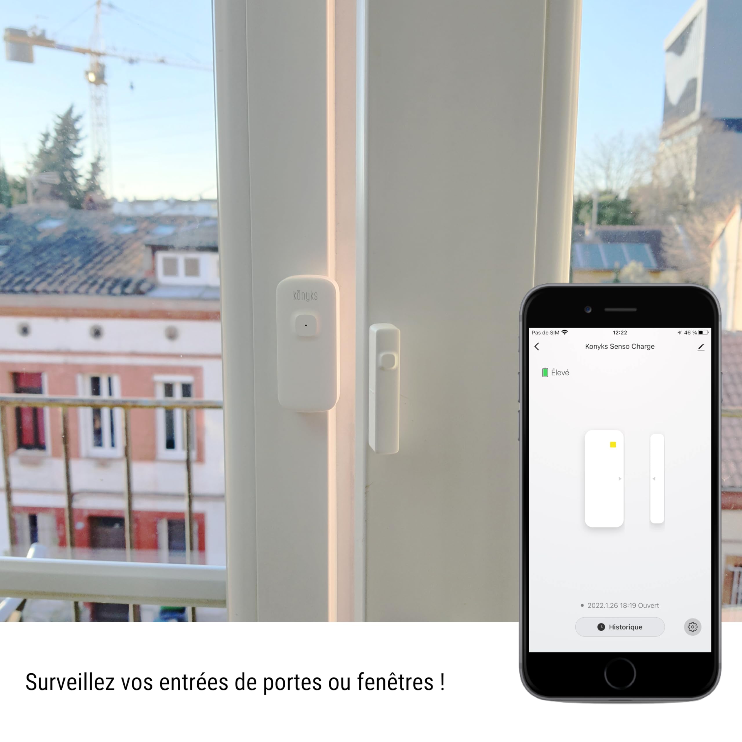 Konyks Senso Charge 2, Lot de 2 Détecteurs d'ouverture Wi-FI avec Batterie Rechargeable, autonomie jusqu'a 1 an, Notifications sur Smartphone, automatisations faciles, Compatible Alexa & Google Home