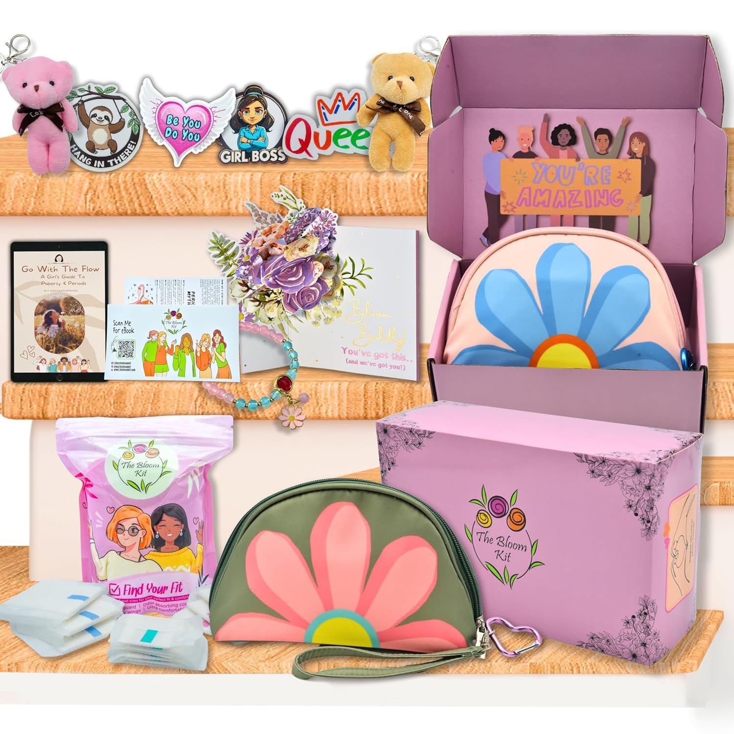 The Bloom First Period Kit for Girls 9-12 - 60 PC Period Starter Kit for Tweens - School Emergency Kit for Teen Girls with Cute Little Bags - First Period Gift Box (Green & Pink)