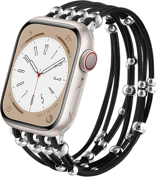 VISOOM Beaded Boho Bracelet Compatible for Apple Watch bands 38/40/41/42mm Women - Stretchy iWatch Band Women for Apple Watch Series 10/SE/9/8/7/6/5/4/3/2/1, DIY Metal Beaded Apple Watch Bracelet Band