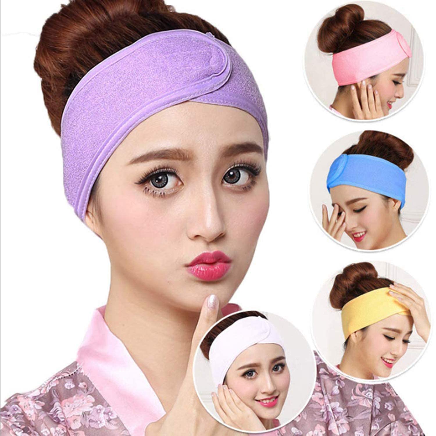 qyrix 3 Pcs - Spa Facial Headband for Women Makeup Head Wrap Towel Terry Cloth Sport Headband | Non-Slip Stretchable Adjustble Elastic Polycotton Facial Band for Shower, Yoga, Gym (Multicolor)-picture-3