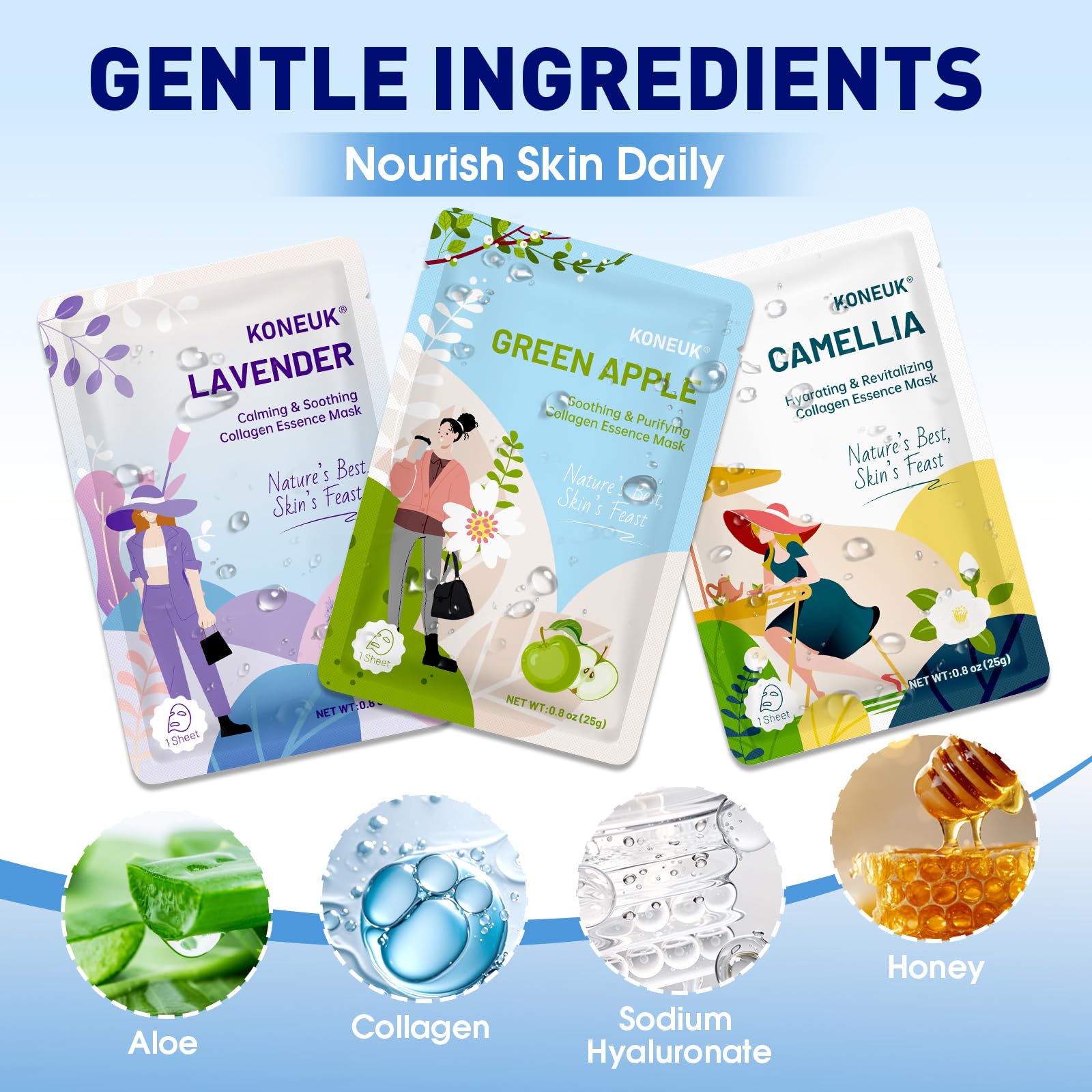 KONEUK 9 Pack Hydrating Face Masks Skincare, Bulk Sheet Face Mask for Dry Skin, Collagen Facial Masks Spa Gifts for Women Skin Care, Mothers Day Gifts for Mom, Teacher Gifts and Nurse Gifts