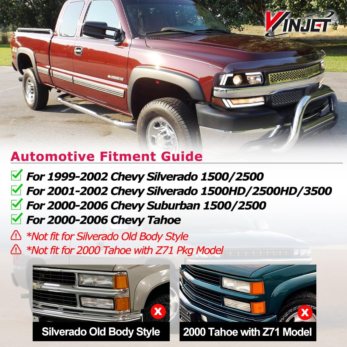 Winjet LED Headlights Assembly For 1999-2002 Chevy Silverado, Bumper Lights For 2000-2006 Chevy Tahoe & Suburban 1500/2500, LED Bar Front Lamps w/Led Running Light/High& Low Beam (Black/Clear)