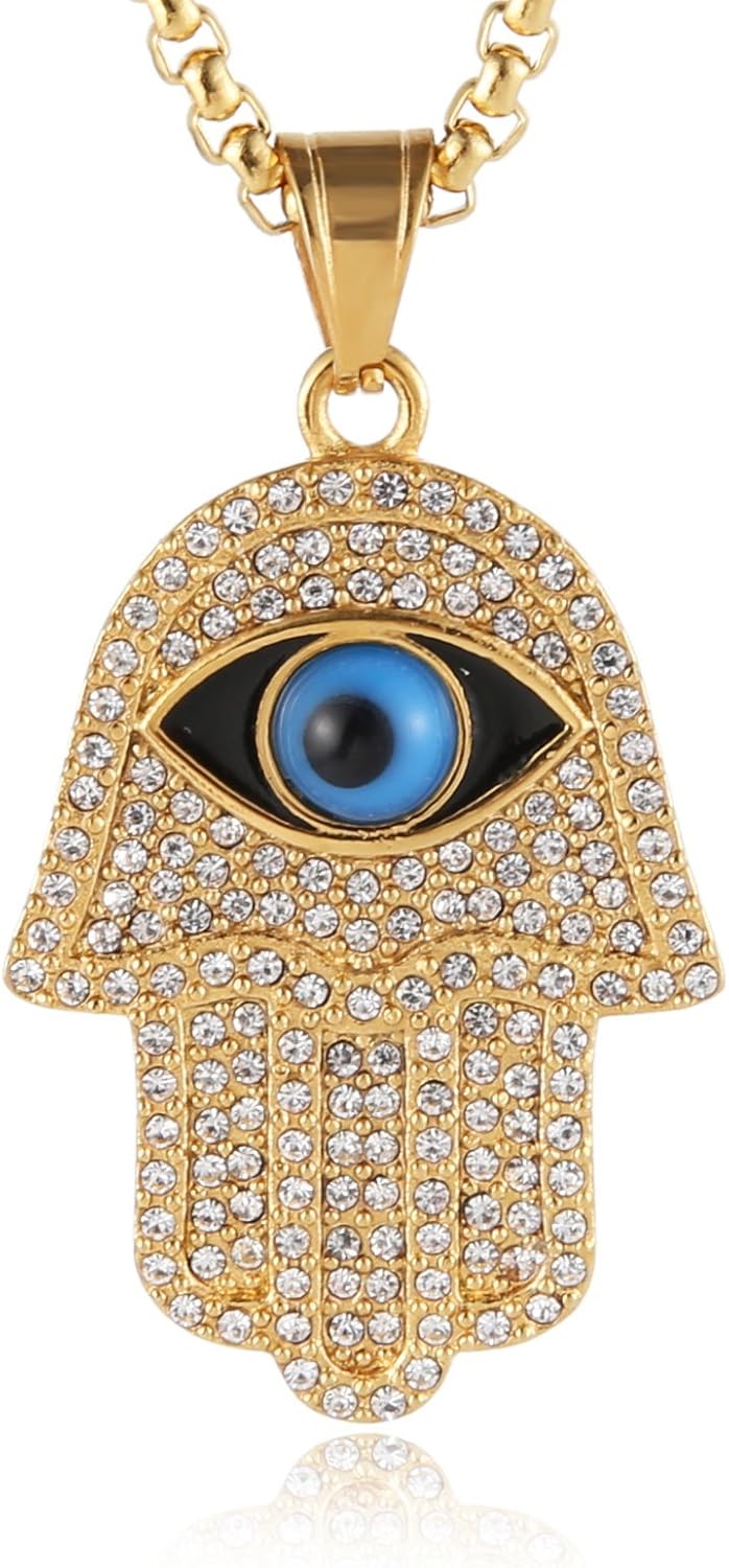 HZMAN 18k Gold Plated Iced Out CZ Stainless Steel Blue Evil Eye Beads Fatima Hamsa Hand Pendant Necklace