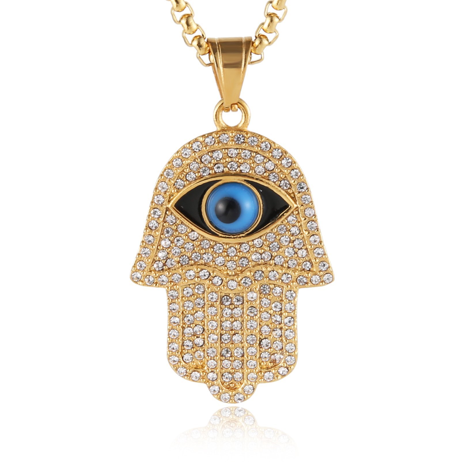 HZMANHZMAN 18k Gold Plated Iced Out CZ Stainless Steel Blue Evil Eye Beads Fatima Hamsa Hand Pendant Necklace