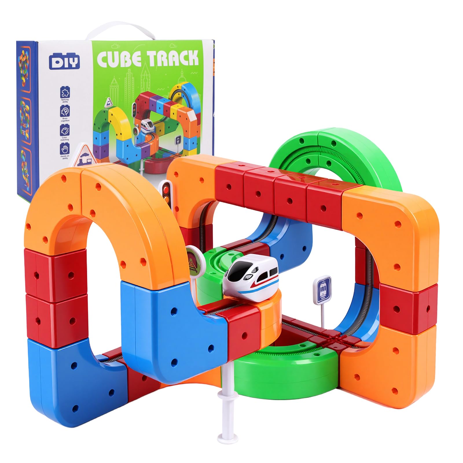 AOOSA 81pcs Electric Train Set, Magic Rail Cube Train Set, with Gravity-Defying Motorized Train, Traffic Signs, 3D Embedded Layouts Train Track Set, Birthday Gifts for Boys & Girls Age 3+