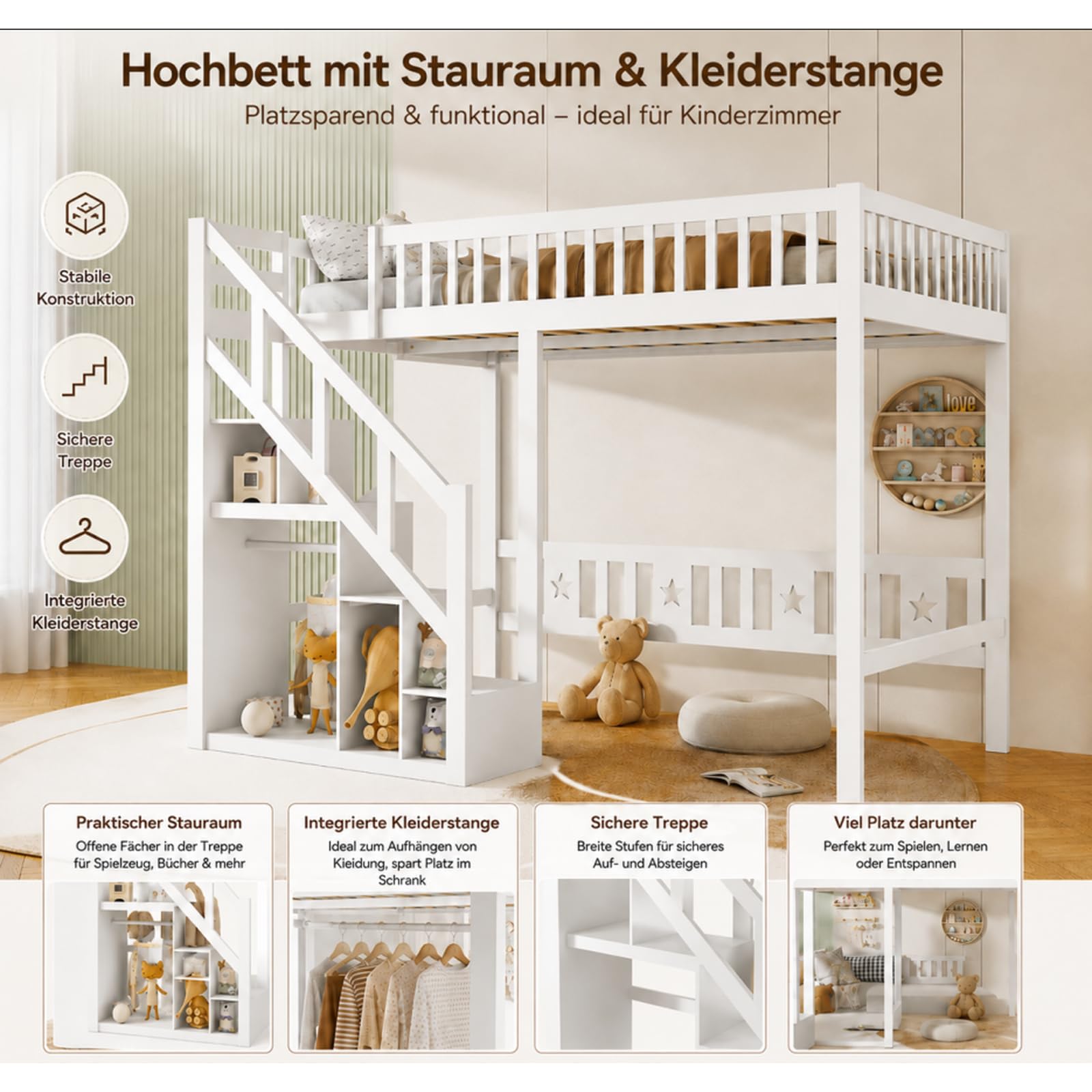 Cama infantil de 90 x 200 cm, litera de 90 x 200 cm, con escalera y armario de almacenamiento, cama funcional juvenil, cama doble con rejilla y protección anticaídas, madera maciza
