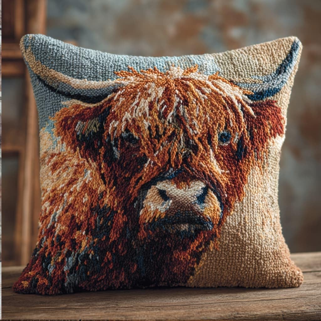 Taxpy Latch Hook Cushion Kits Highland Cattle Pillowcase Kits Embroidery Kit 17X17 Inch DIY Needlework Pillow Cover Sofa Cushion Rug Making