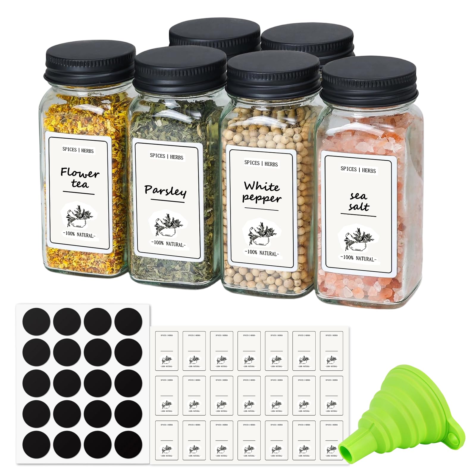 6Pcs 120ml Glass Spice Jars, Spice Jars with Shaker Lids, Seasoning Containers Set, Glass Storage Bottles, Square Spice Bottles, Spice box with Lids and Labels, Herb Containers, Empty Spice Containers