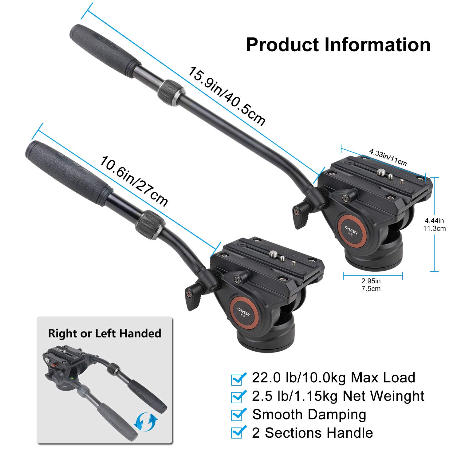 Tête Fluide Vidéo Cayer K6 – Trépied Panoramique Friction 8kg, Poignée Double, Compatible Canon Nikon Sony