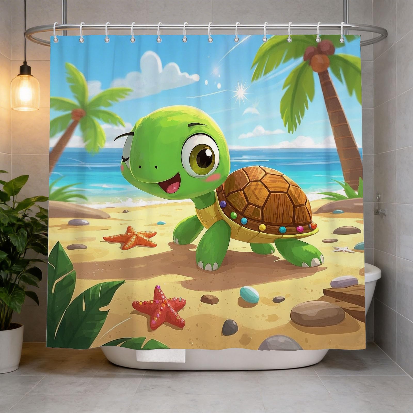 Hongduo 3D Tortoise Shower Curtain for Stalls Bathtubs Child Teen Bathroom Decor Shower Curtain Set Polyester Fabric Waterproof 200x200cm/79X79 Inch with Hooks