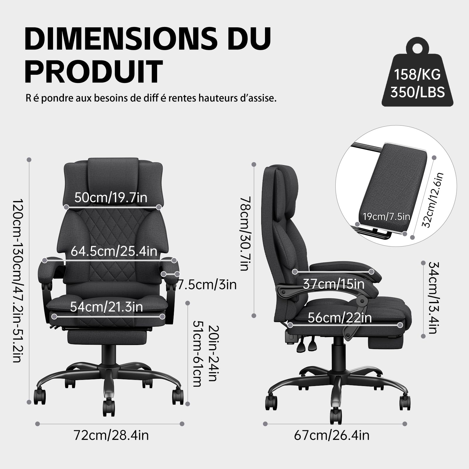 Chaise Bureau, Chaise de Bureau Ergonomique Repose-Pieds Tissu, Fauteuil de Bureau Réglable Hauteur, roulettes Rotatives, Fauteuil Bureau Ergonomique Dossier Réglable, Chaise Gaming, Gris Foncé