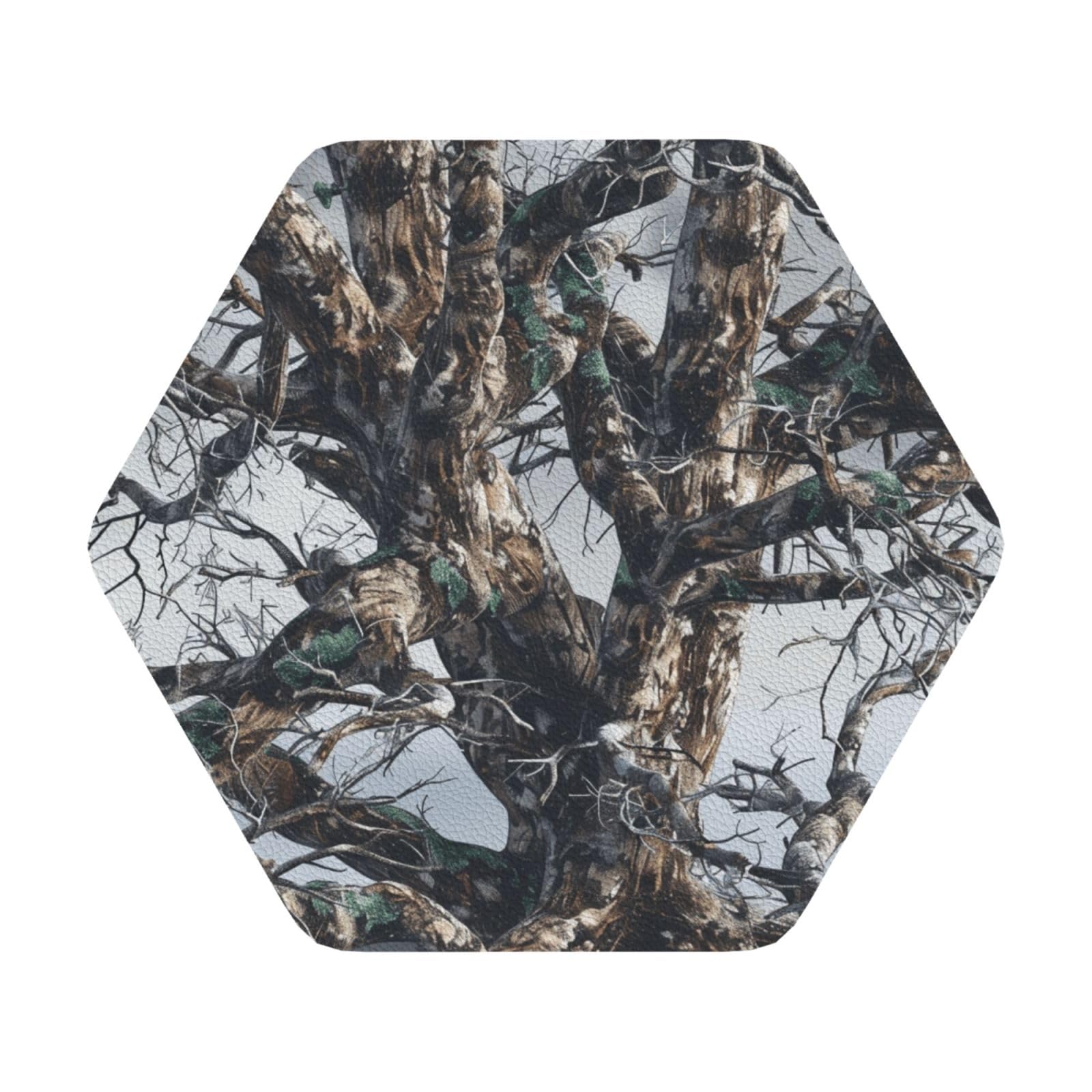 Cold Tree Camouflage Print Leather Coaster Set of 6, Hexagon Coasters Table Decorative Coffee Cup Beverage Coasters Wine Beer Bar Coasters for Hot Drinks Table Protection
