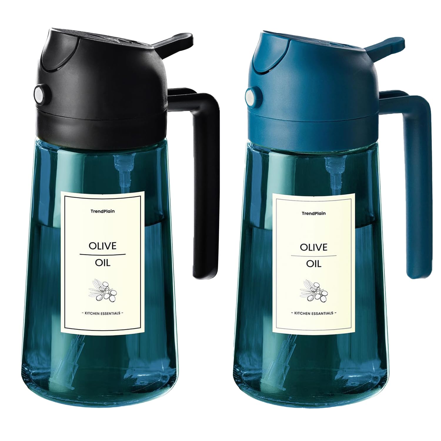 TrendPlain 16oz/470ml Blue Glass Olive Oil Sprayer for Cooking - 2 in 1 Olive Oil Dispenser for Kitchen Gadgets, Air Fryer, Salad, and BBQ (1 Pack, Black &amp; Navy)