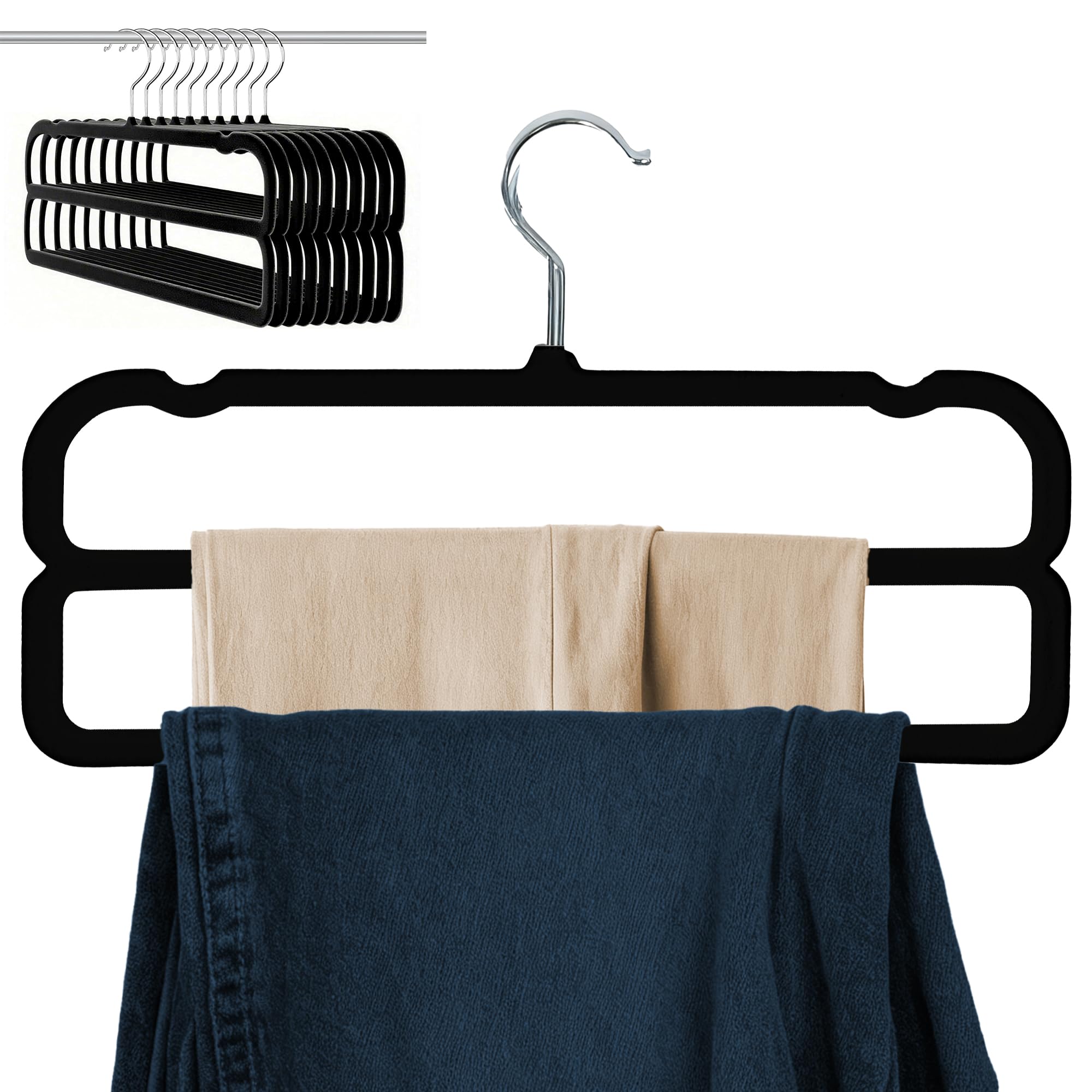 HGYZE Hosenbügel aus Samt, doppellagig, mit Rutschfester Stange, 10 Stück, Filz-Hosenbügel, 2 Etagen, platzsparend, mit 361° drehbarem Haken für Kleider, Shorts, Jeans, Slack,Schwarz