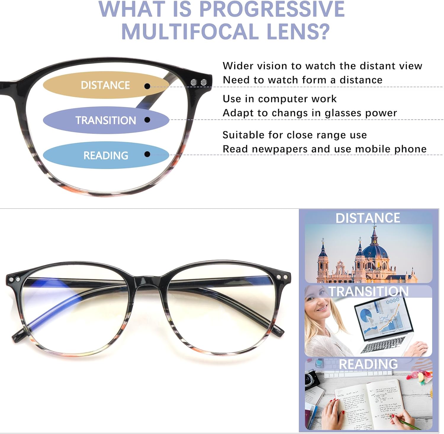 Progressive Multifocus Reading Glasses, Blue Light Blocking Computer Readers Spring Hinge 4 Pack - Image 4