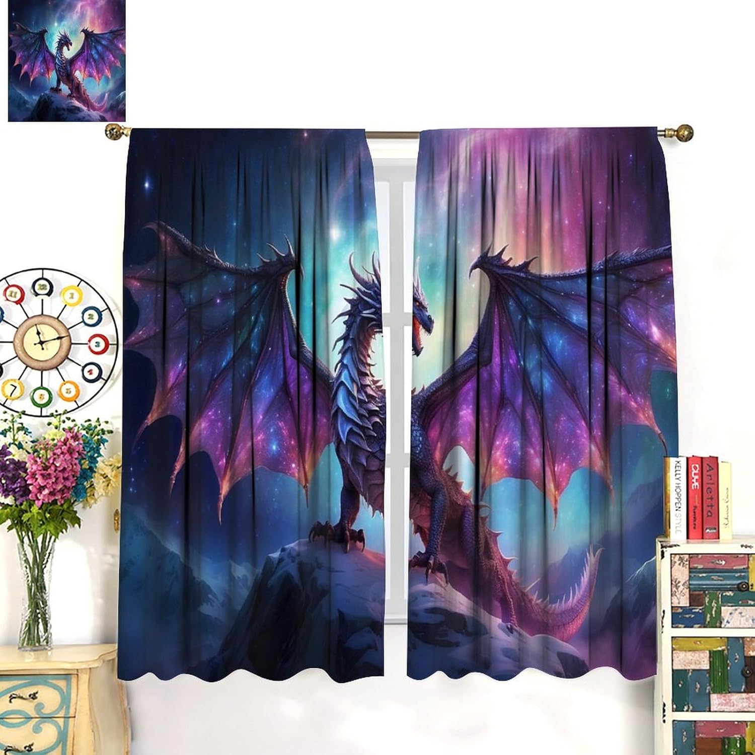 Fantasy Dragon Blackout Curtains for Bedroom,Mystic Magic Star Epic Adventure Fantasy Wings Fire-Breathing Dragon Animals Dragon Window Drapes Print for Kids Boys Girls Living Room 42x54in