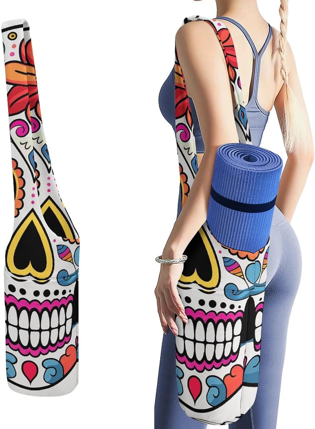Canvas Yoga Mat Bag Sugar Skull Printed Yoga Mat Storage Bag with Strap Large Capacity Gym Bag for Men Women Pilates Beach Travel