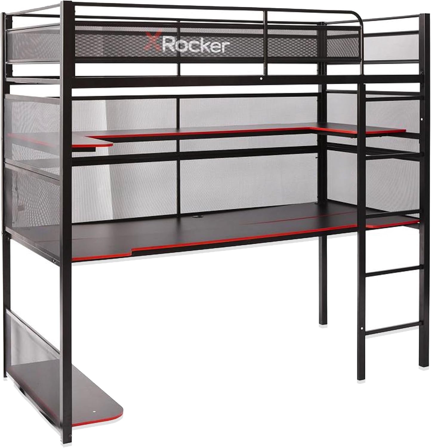 X Rocker Gaming Bed, Twin Size Loft Bunk, Durable Black Metal Frame, Built-in Shelving for PC Computer Video Gamer Bedroom, for Teen Boys Girls