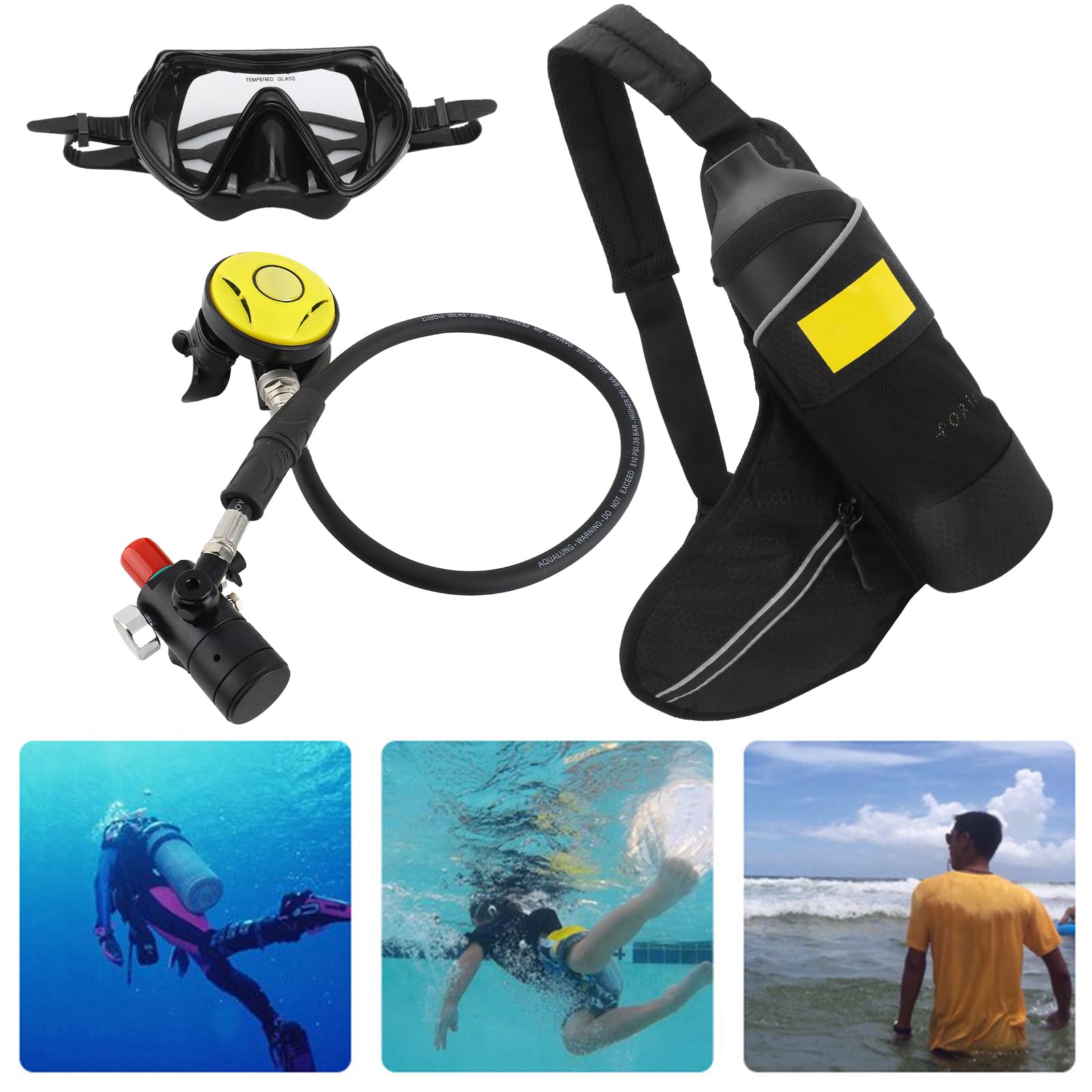 Set Bombola da 1 Litro, Mini Set da Immersione con Valvola di Sfiato e Occhialini da Sub con Cinturino per Immersione per Esplorazione Subacquea (Black)