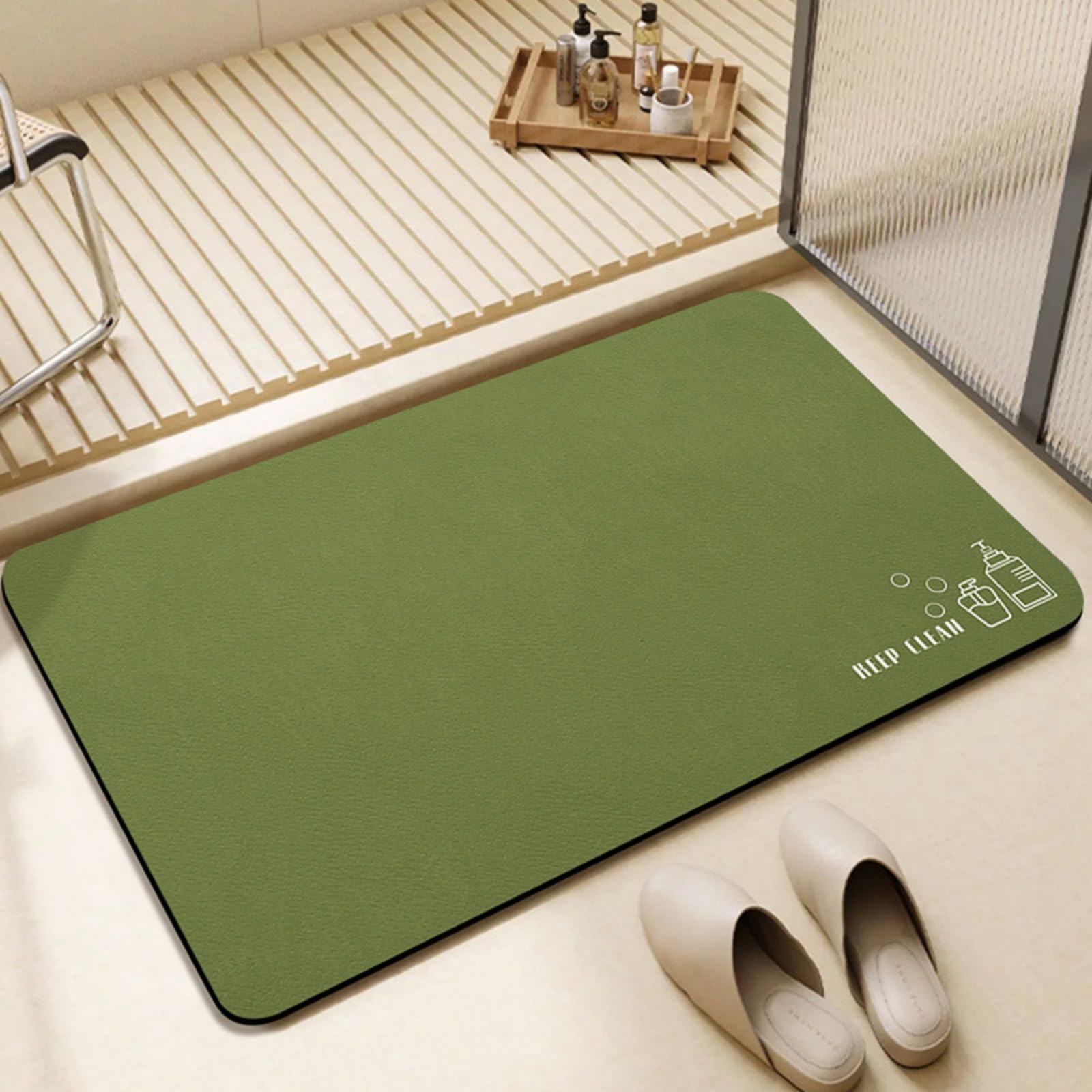 Quick Dry Bath Mat Non Slip Anti Mould, Diatom Mud Bathroom Shower Floor Mat, Absorbent Non Slip Thin Rubber Backing Ultra Thin Bathroom Rug Fit Under Door (Green, 45 * 70 cm)