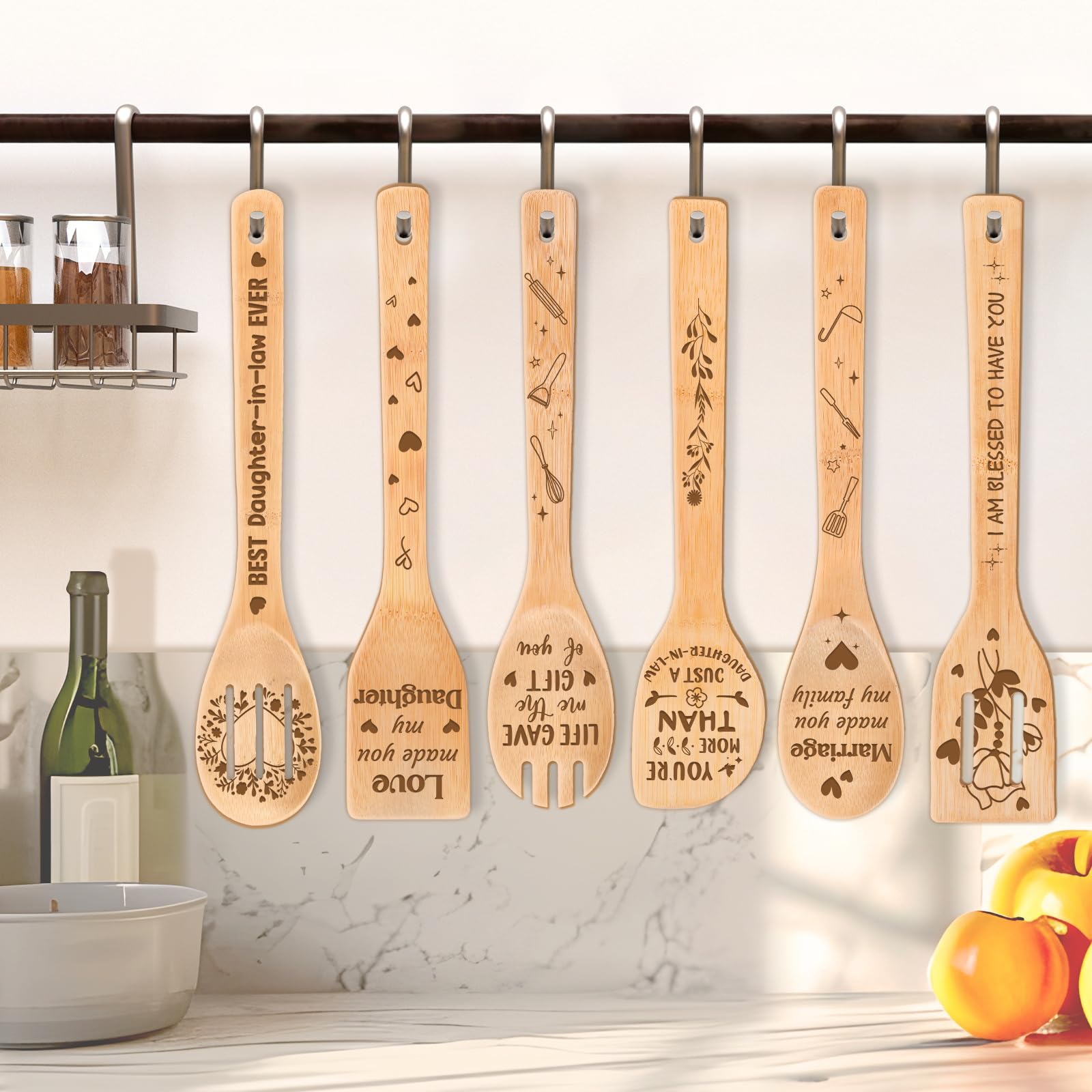 Mothers Day Gifts for Daughter in Law - Daughter in Law Themed Bamboo Spoons Set, Daughter in Law Birthday Gifts with Engraved Quotes, Idea Kitchen Spoons, Daughter in Law Birthday Gifts