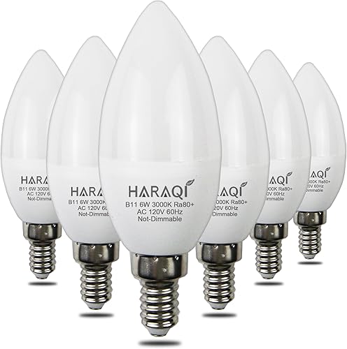 haraqi Paquete de 6 bombillas LED de 6 W 120 V con base E12 B11, luz blanca cálida de 3000 K, bombillas decorativas equivalentes a 60 W para