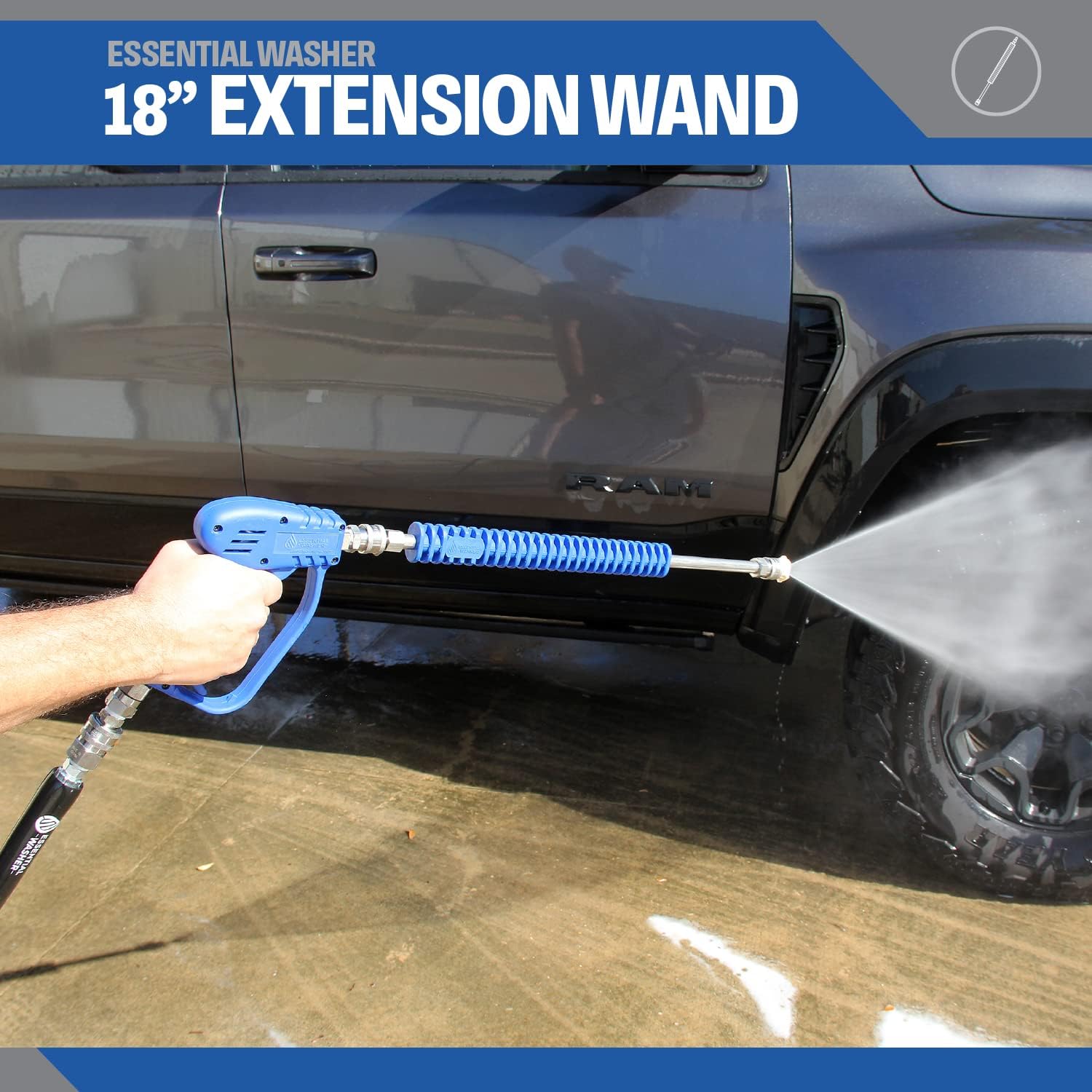 ESSENTIAL WASHER 18" Pressure Washer Extension Wand - Stainless Steel Power Washer Wand with Molded Grip - Short Pressure Washer Wand Replacement - Stainless Steel 1/4” QC Plug & Coupler Preinstalled