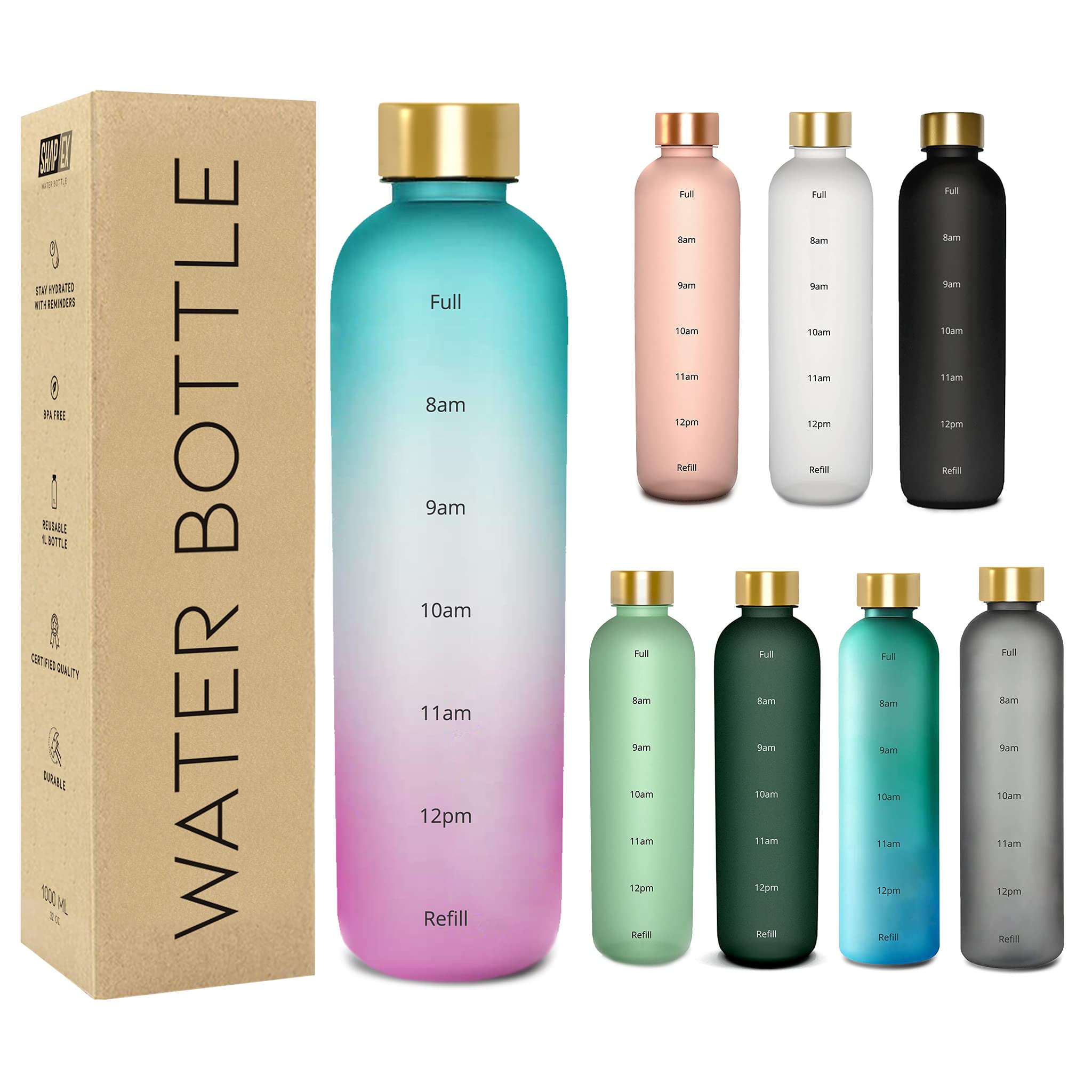 SHAPEXTime Marked Cute Water Bottles For Women And Men With Times To Drink, BPA Free Frosted & Aesthetic Water Bottle With Time Marker, Clear Water Bottle 1 Liter | 32 Oz (Green Purple)