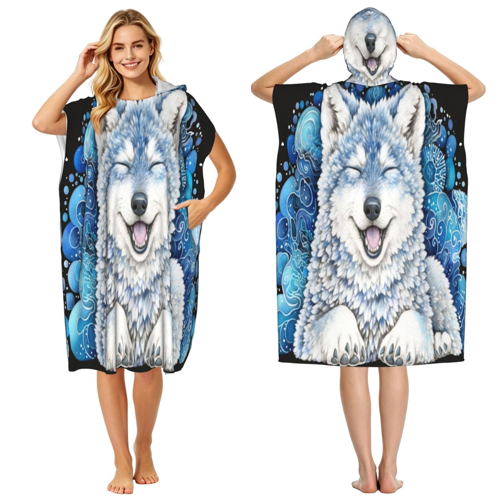 KLGRTJHK Cute White Wolf Adult Hooded Beach Poncho Towel 43"X35"