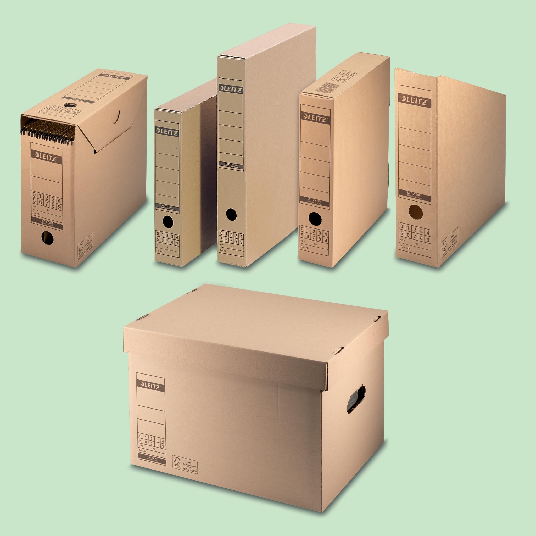 Leitz Premium Archiv-Schachtel mit Verschlusslasche, 120 mm Rückenbreite, Aktenkarton A4, Aufbewahrungsboxen für 15 Hängemappen, 100 % recycelbar, Faltbare Kartonverpackung, 10 Stück, Braun, 60860000