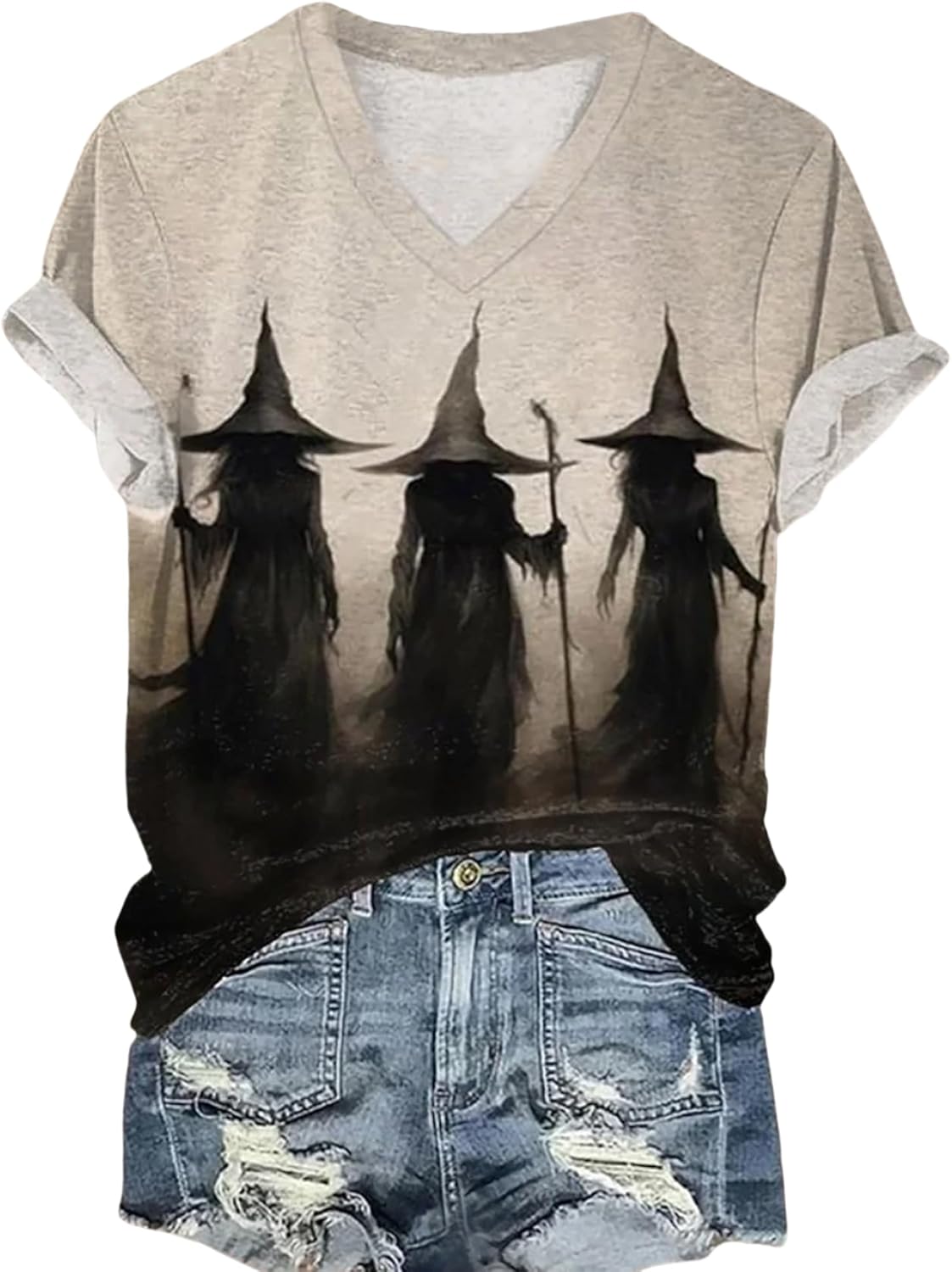 Halloween Witch Print T-Shirt for Women Witches Gather Graphic Tees Vintage Halloween Party Clothes Top