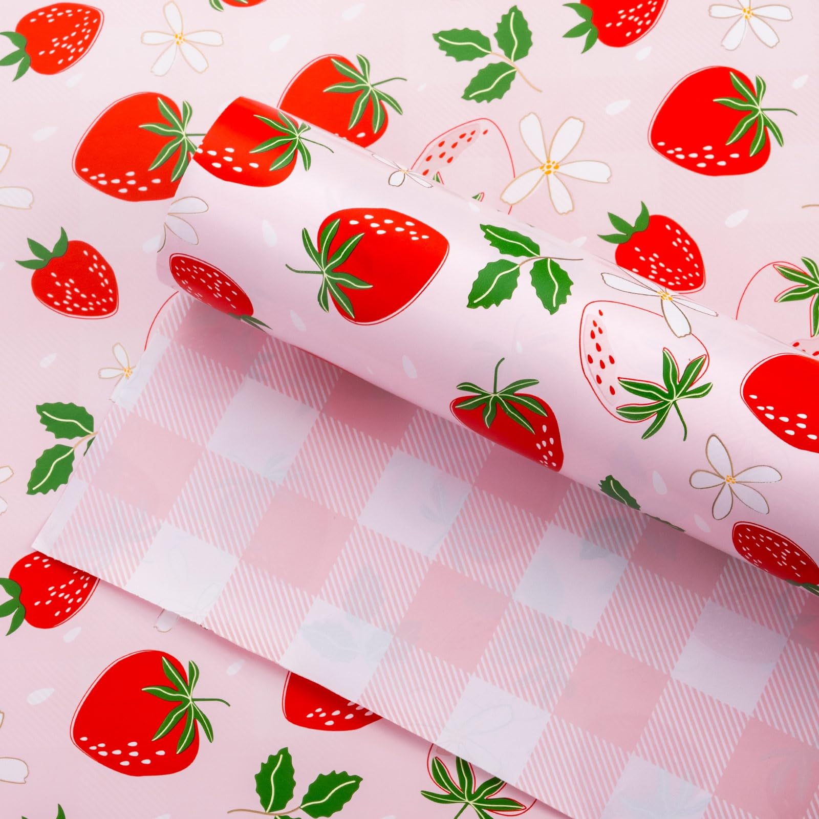 Wikadlik Pink Wrapping Paper, 43cm x 10m Cute Strawberry Tartan Pattern Gift Wrap Paper Roll for Girl Birthday, Wedding, Mothers Day, Christmas