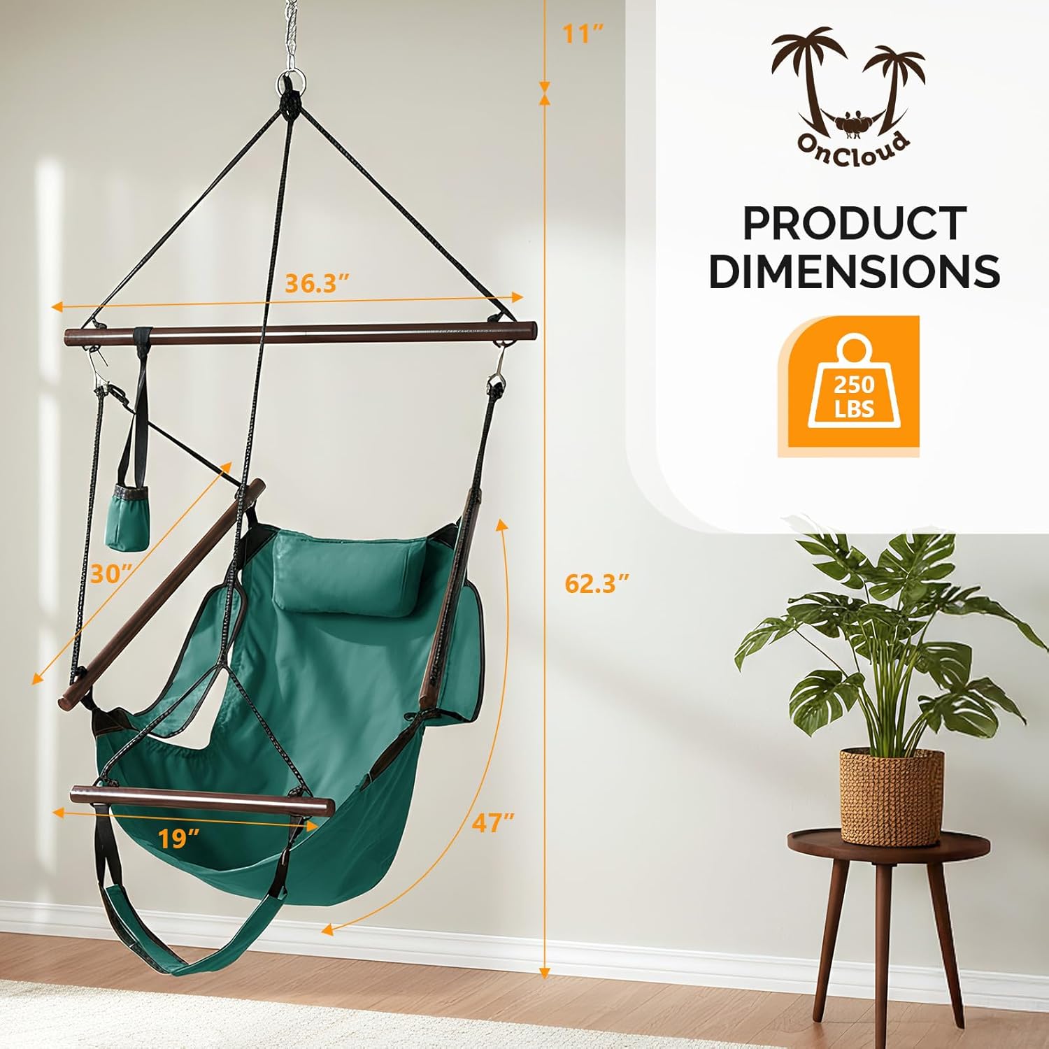 ONCLOUD Upgraded Unique Hammock Sky Chair, Air Deluxe Hanging Swing Seat with Rope Through The Bars Safer Relax with Drink Holder & Fuller Pillow Beech Wood Indoor Outdoor Patio Yard 250LBS (Green)