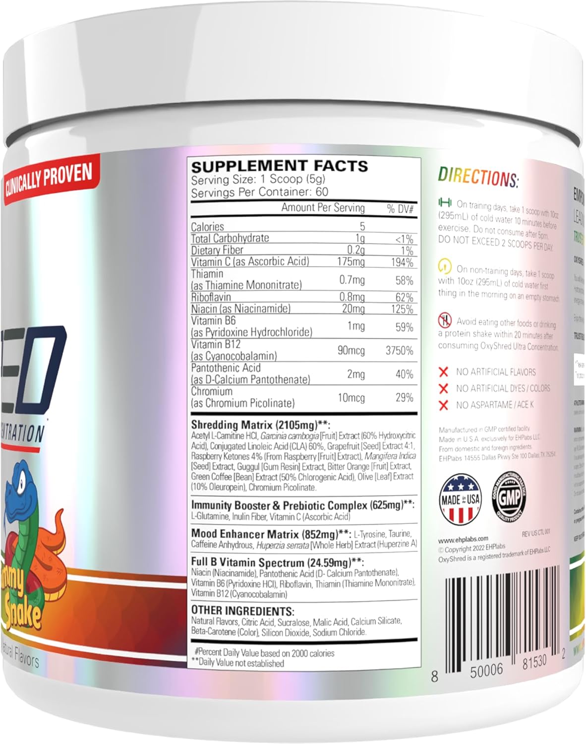 EHP Labs OxyShred Pre Workout Powder - Preworkout Powder with L Glutamine & Acetyl L Carnitine, Energy Boost Drink - Gummy Snake, 60 Servings - Image 9