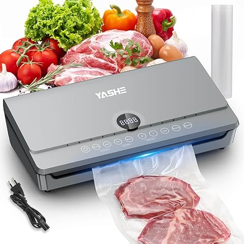 YASHE Envasadora al Vacio 80KPA con Tapa Magnética, 10 en 1 Doble Sellado y Doble Bomba Envasadora al Vacio Domestica, Almacenaje Integrado para Rollos, Incluye 1 Rollo de Bolsas (20cm x 300cm)