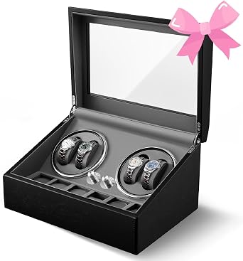 Watch Winder, Automatic Watch Winder Box with 4 Winder Rotators and 6 Storage Space, Watch Turner Watch Shaker with Super Quiet Mabuchi Motor LED Backlight for Men & Women