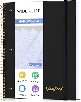 MUAHLIUB Spiral Notebook Wide Ruled Paper 8" x 10 1/2", 1 Subject Spiral Notebook, 3-Hole Punched Perforated Pages Ideal for School, Office, Writing, 95 Sheets Lined Journaling Notebook, Black