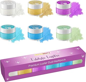 Edible Lustre Dust Multipack 6 x 3g Jar - Assorted Colours of Fine Lustre Dust for Drinks, Cocktails, Desserts, Chocolate, Cake and Muffins Decoration - Food Grade Shimmer Powder Set Lustre Cold