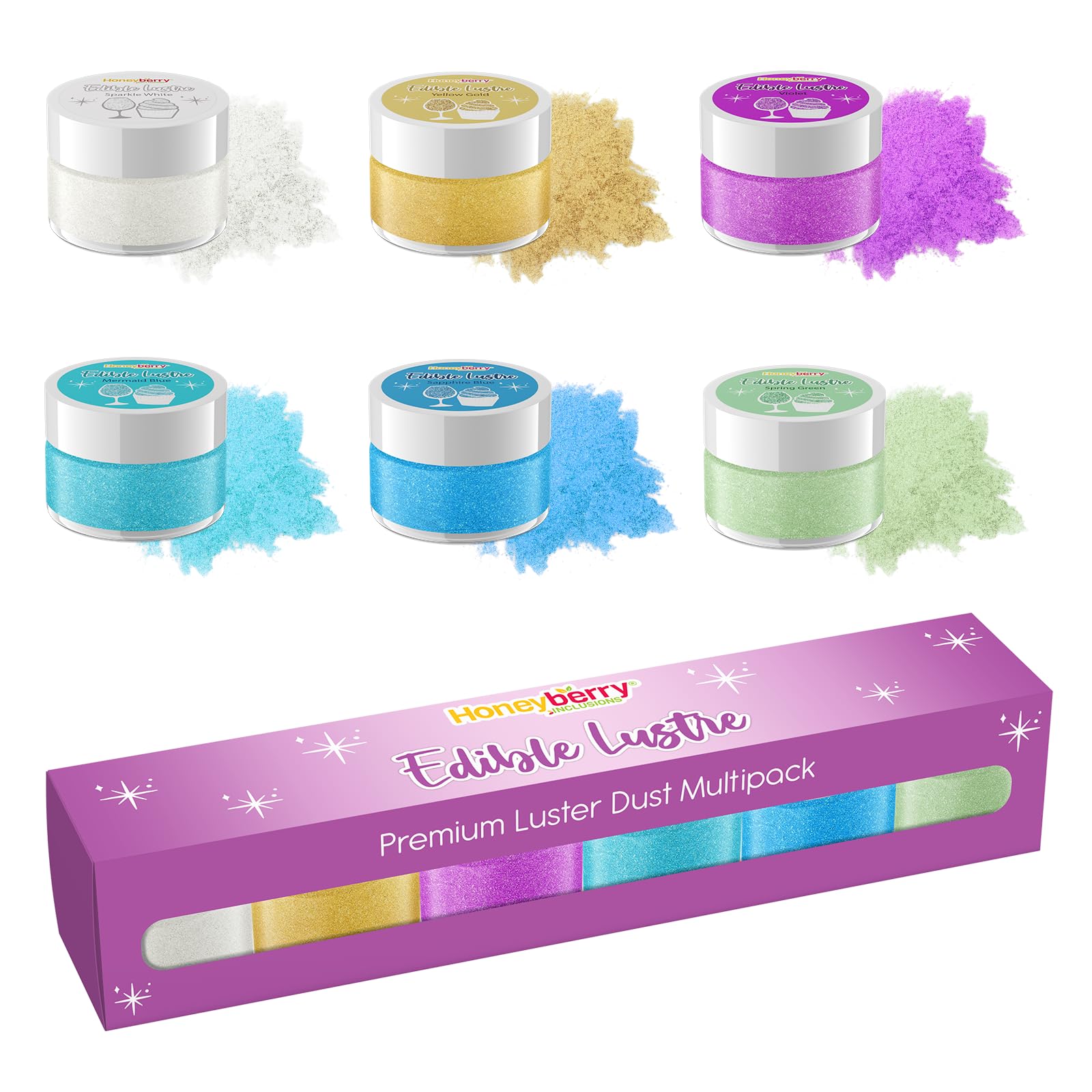 Edible Lustre Dust Multipack (6 x 3g Jar) - Assorted Colours of Fine Lustre Dust for Drinks, Cocktails, Desserts, Chocolate, Cake and Muffins Decoration - Food Grade Shimmer Powder Set (Lustre Cold)