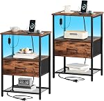 Somdot Nightstands avec station de recharge, Table de chevet avec LED Lumière pour la chambre, Table d'extrémité avec tiroir pour le côté du lit, Halle d'entrée de placard, Noir