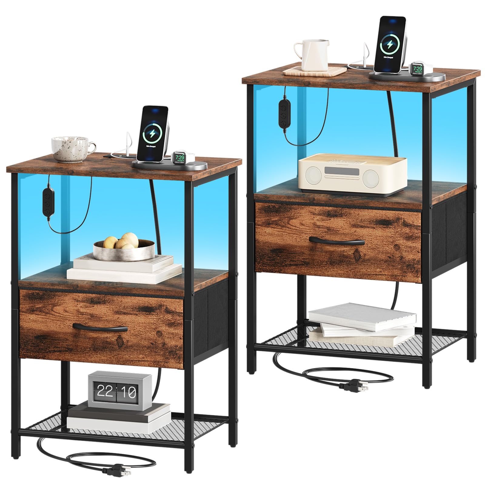 Somdot Bedside Table Set of 2 with Charging Station and LED Light, Small Bed Side Table for Bedroom Dorm Kids Room Closet, 1 Drawer Bedside Cabinet with 2 Outlets and 2 USB Ports, Wood Grain Print โ image 1