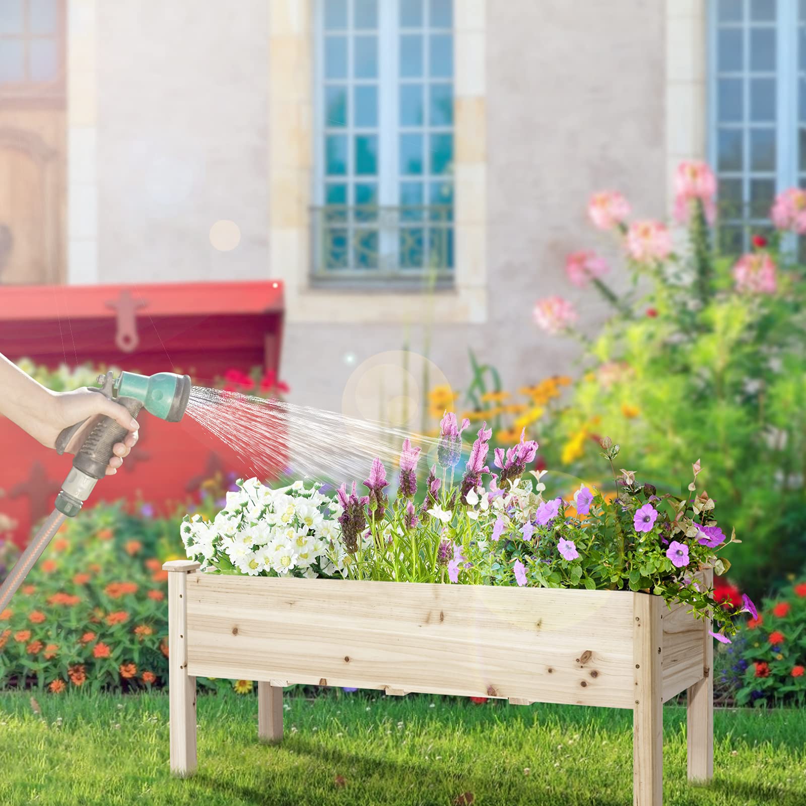 GOPLUS Huerto Urbano de Madera de Abeto, Cama Elevada con 5 Agujeros de Drenaje, Jardinera para Flores Verduras, Maceta para Cultivo, Capacidad de 100 kg, 120 x 43,5 x 51 cm (Beige)