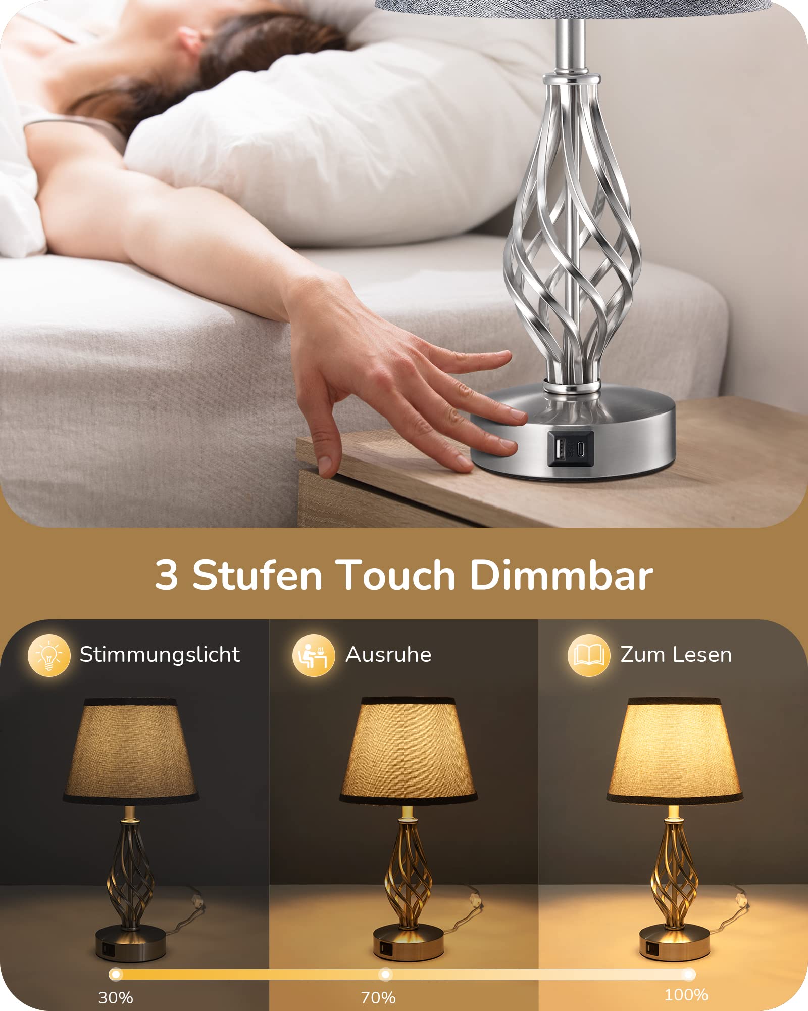 EDISHINE LED Nachttischlampe Touch Dimmbar 2er Set, Tischlampe Modern, Lampe mit Ladefunktion, 2 USB Anschlüsse, für Deko Schlafzimmer, Wohnzimmer, Fensterbank, Geschenk, Lampenschirm Leinen, Grau