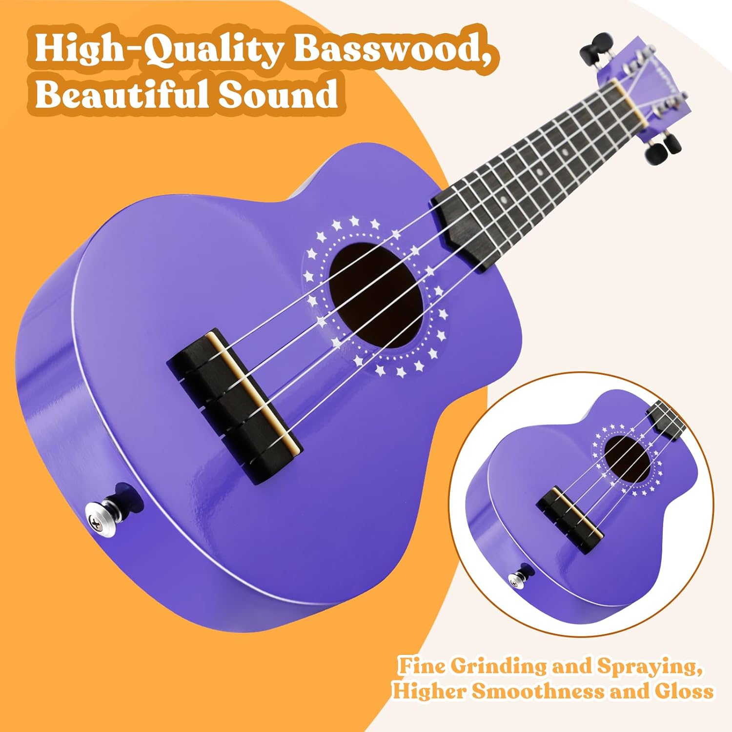 Soprano Ukulele for Kids 21 Inch Ukelele with Bag Strap Picks Songbook Cleaning Cloth Suitable for Adults and Beginners（Purple）