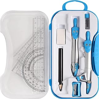 Math Geometry Kit Sets 10 Piece Student Supplies with Shatterproof Storage Box, Includes Rulers, Protractor, Compass, Eraser, Pencil Sharpener, Lead Refills, Pencil, for Drafting and Drawings