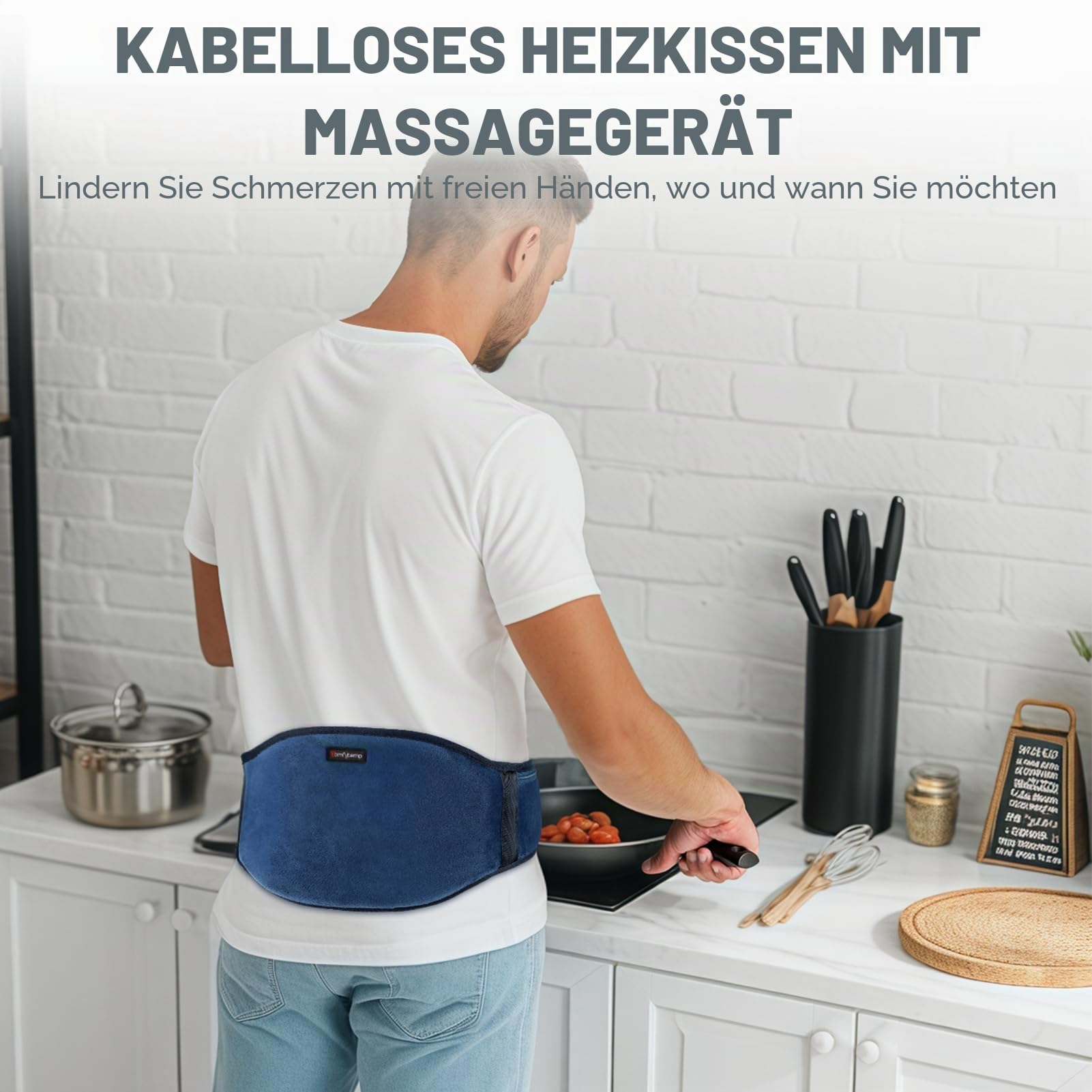 Comfytemp Heizgürtel für den Lendenbereich, kabellos, mit Vibrationsmassage, 3 Temperaturstufen & 3 Massagemodi, beheizter Rückengurt zum Entspannen der Rücken, automatische Abschaltung, 18 x 147 cm