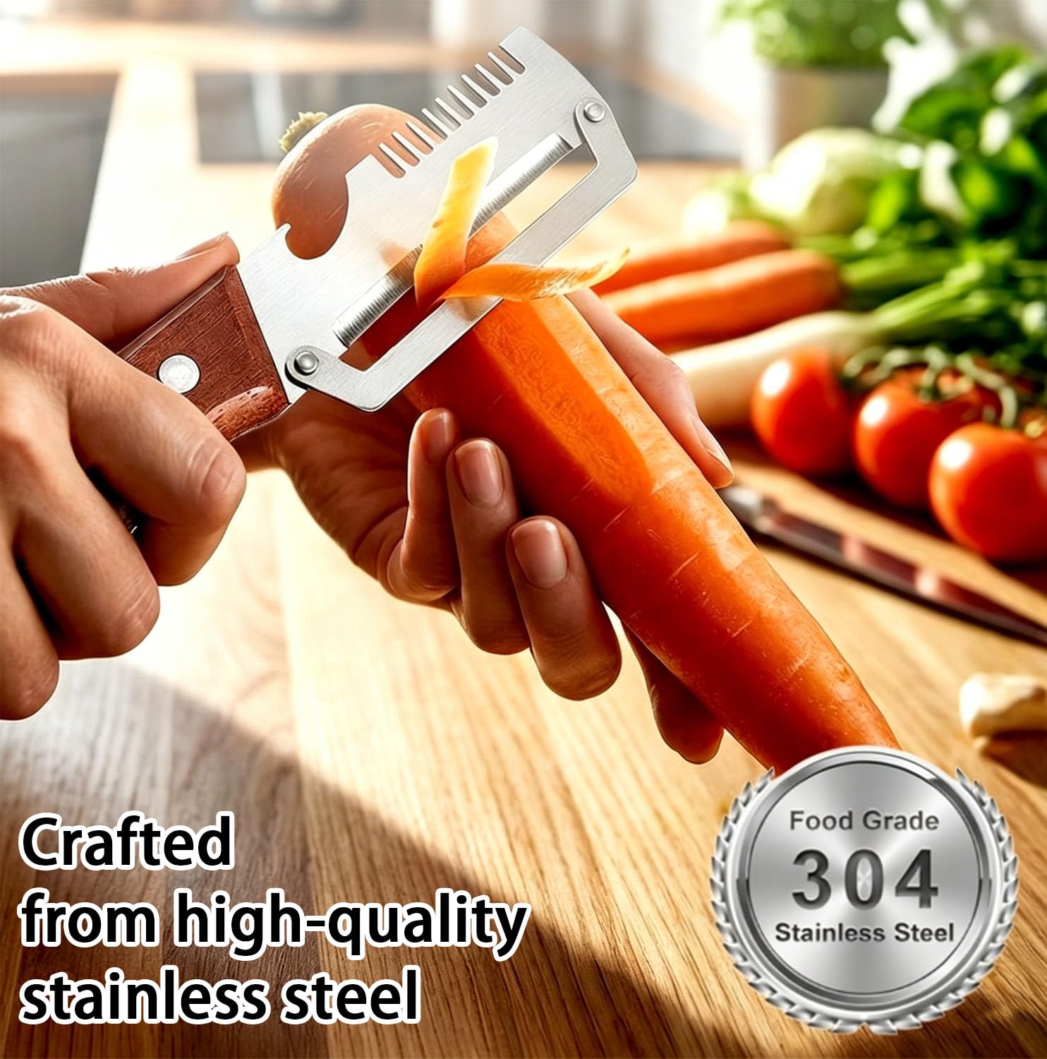 Multi-Functional Vegetable Peeler, 3 in 1 Multi Functional Wooden Handle Peeler and Bottle Opener, Kitchen Gadgets Tool for Fruit Pumpkin Peeling Potato Carrot Veggie Peeler — view 4